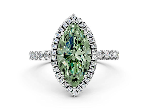 White gold Fancy Green Marquise Cut Halo Diamond Pave Band with Prong Setting