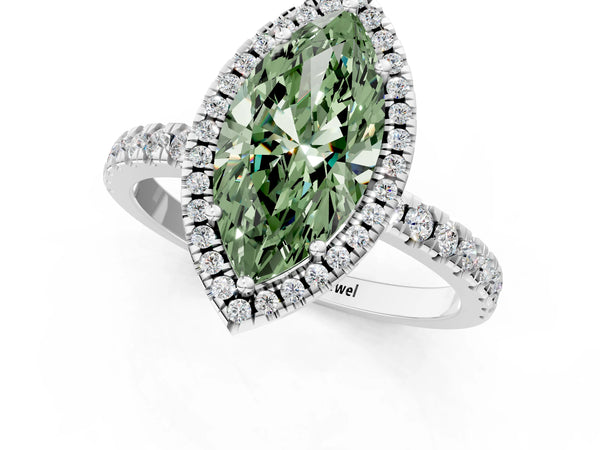 White gold Fancy Green Marquise Cut Halo Diamond Pave Band with Prong Setting