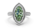 White gold Fancy Green Marquise Cut Halo Diamond Ring with Beaded Split Shank and Four-Prong Setting