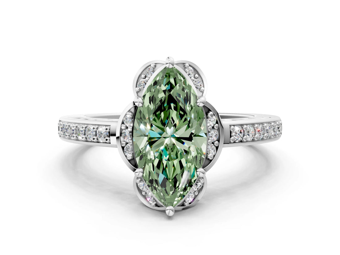 White gold Fancy Green Marquise  Cut Halo Diamond Ring with Channel Set Band and Four-Prong Setting_32