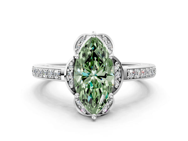 White gold Fancy Green Marquise  Cut Halo Diamond Ring with Channel Set Band and Four-Prong Setting