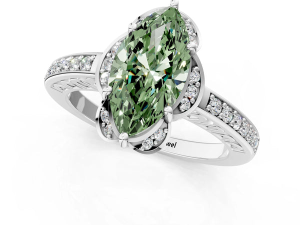 White gold Fancy Green Marquise  Cut Halo Diamond Ring with Channel Set Band and Four-Prong Setting