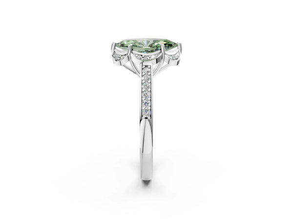 White gold Fancy Green Marquise  Cut Halo Diamond Ring with Channel Set Band and Four-Prong Setting