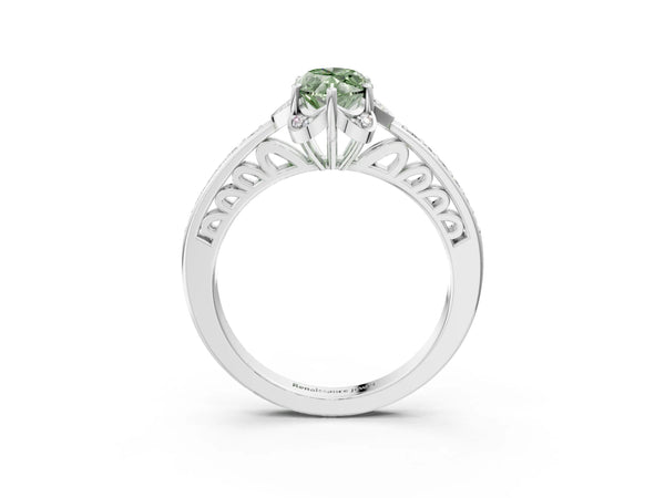 White gold Fancy Green Marquise  Cut Halo Diamond Ring with Channel Set Band and Four-Prong Setting