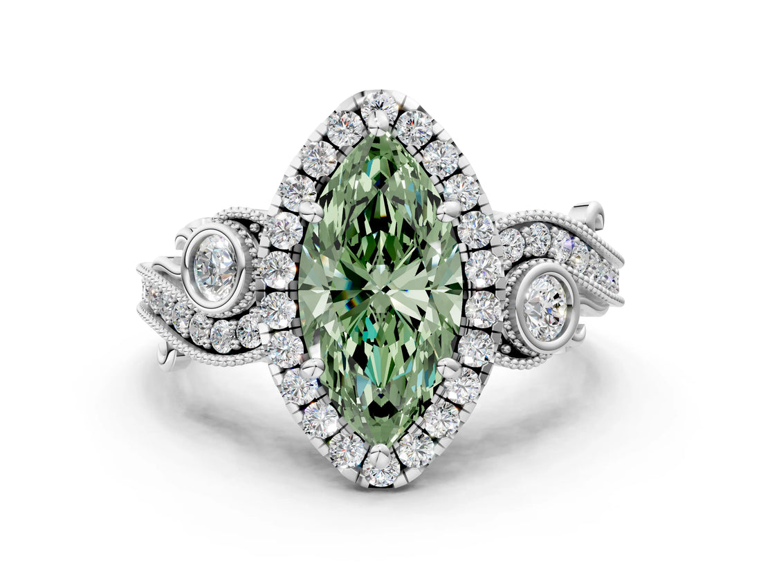 White gold Fancy Green Marquise Cut Halo Diamond Ring with Milgrain and Bezel Accents on a Split Shank Band