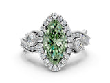 White gold Fancy Green Marquise Cut Halo Diamond Ring with Milgrain and Bezel Accents on a Split Shank Band