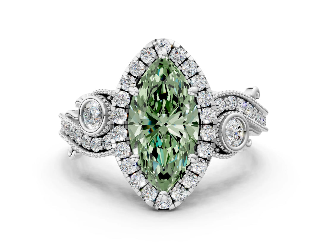 White gold Fancy Green Marquise Cut Halo Diamond Ring with Milgrain and Bezel Accents on a Split Shank Band_13