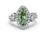 White gold Fancy Green Marquise Cut Halo Diamond Ring with Milgrain and Bezel Accents on a Split Shank Band_13