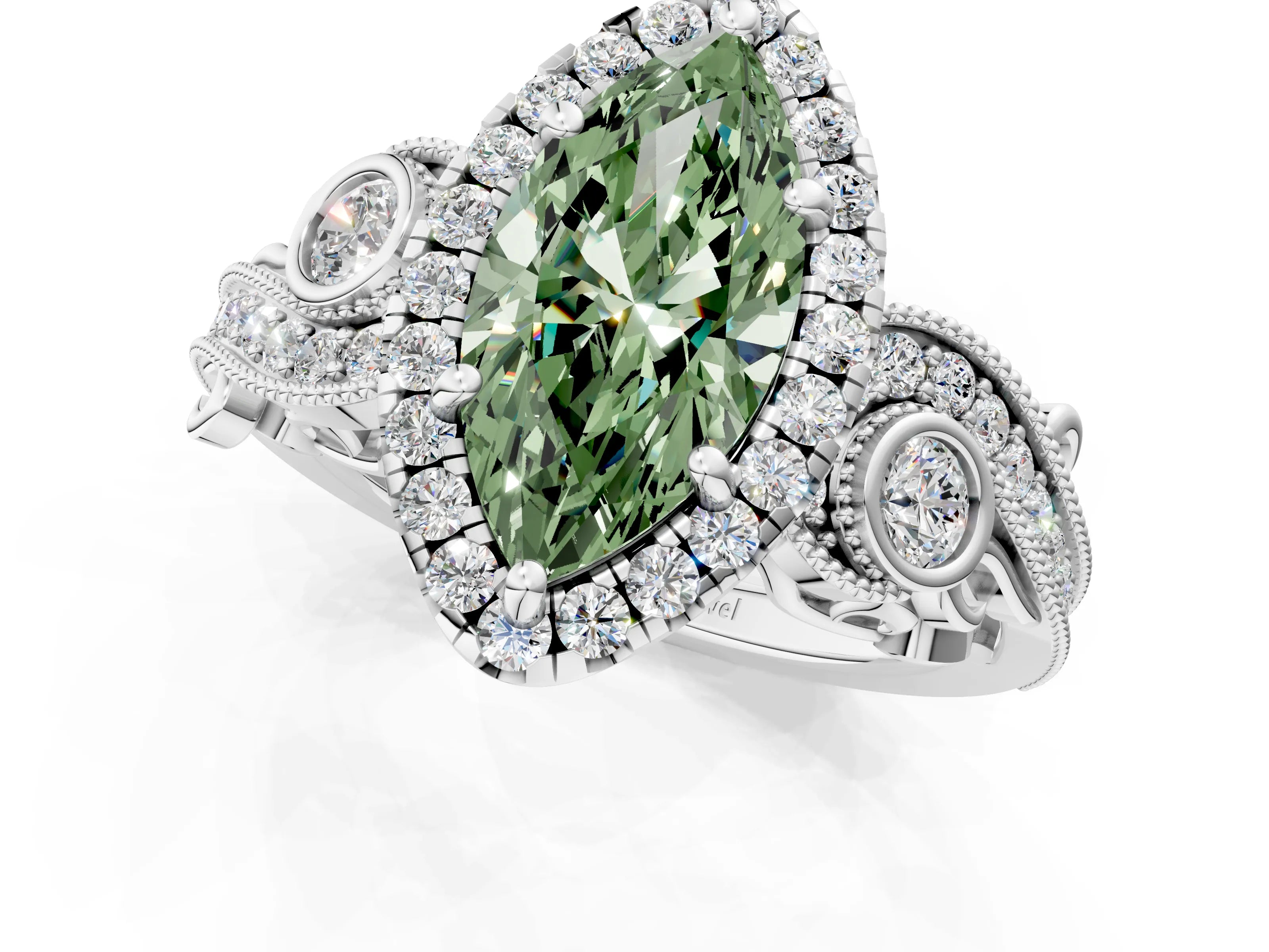 White gold Fancy Green Marquise Cut Halo Diamond Ring with Milgrain and Bezel Accents on a Split Shank Band_1