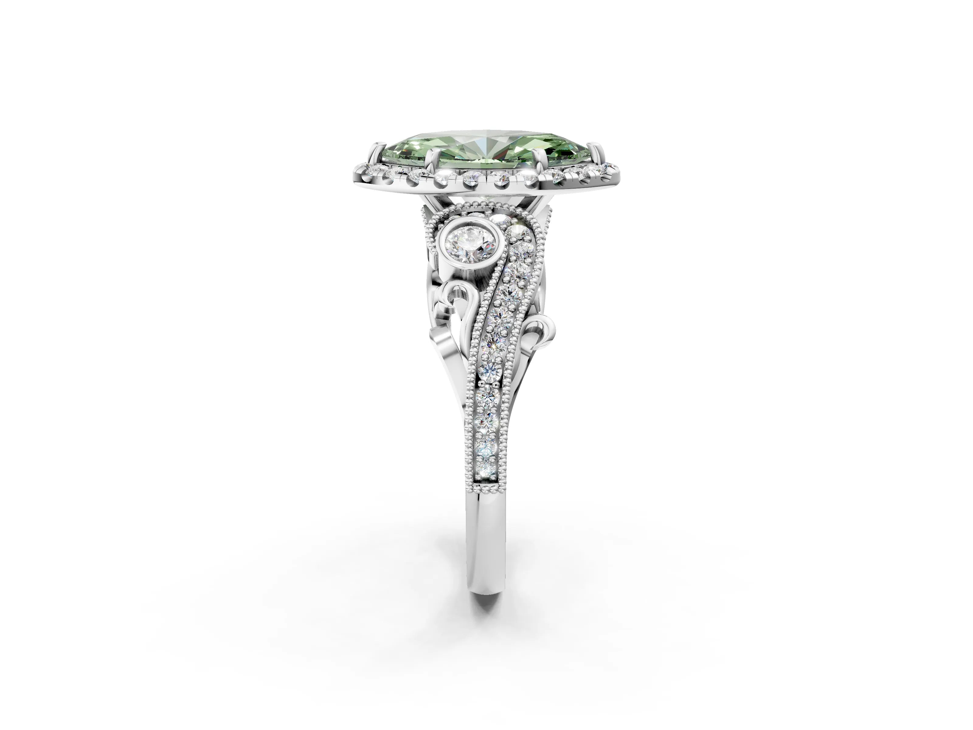 White gold Fancy Green Marquise Cut Halo Diamond Ring with Milgrain and Bezel Accents on a Split Shank Band_2