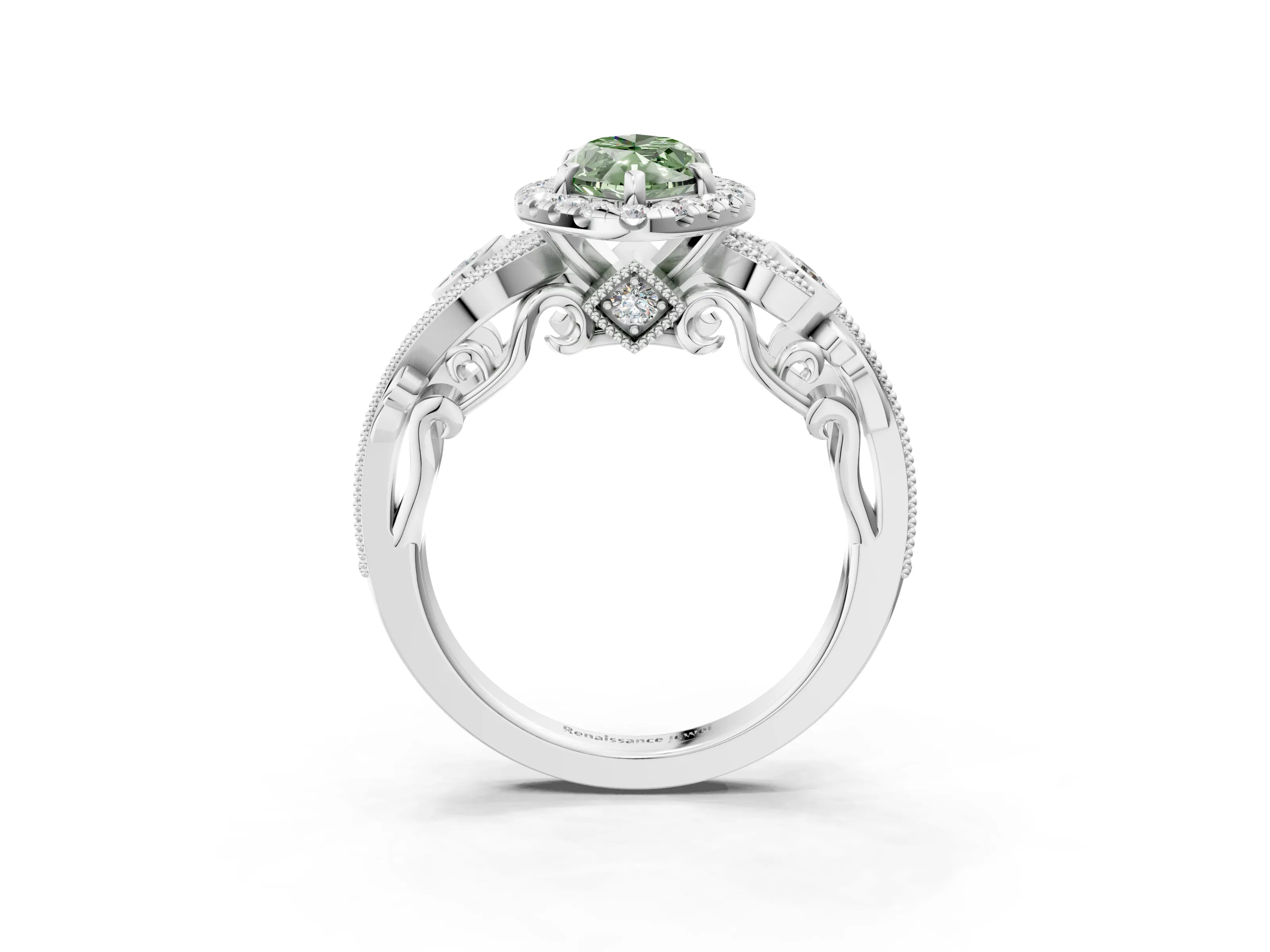 White gold Fancy Green Marquise Cut Halo Diamond Ring with Milgrain and Bezel Accents on a Split Shank Band_3