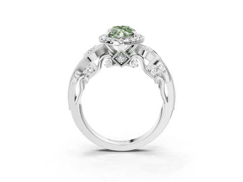 White gold Fancy Green Marquise Cut Halo Diamond Ring with Milgrain and Bezel Accents on a Split Shank Band_3