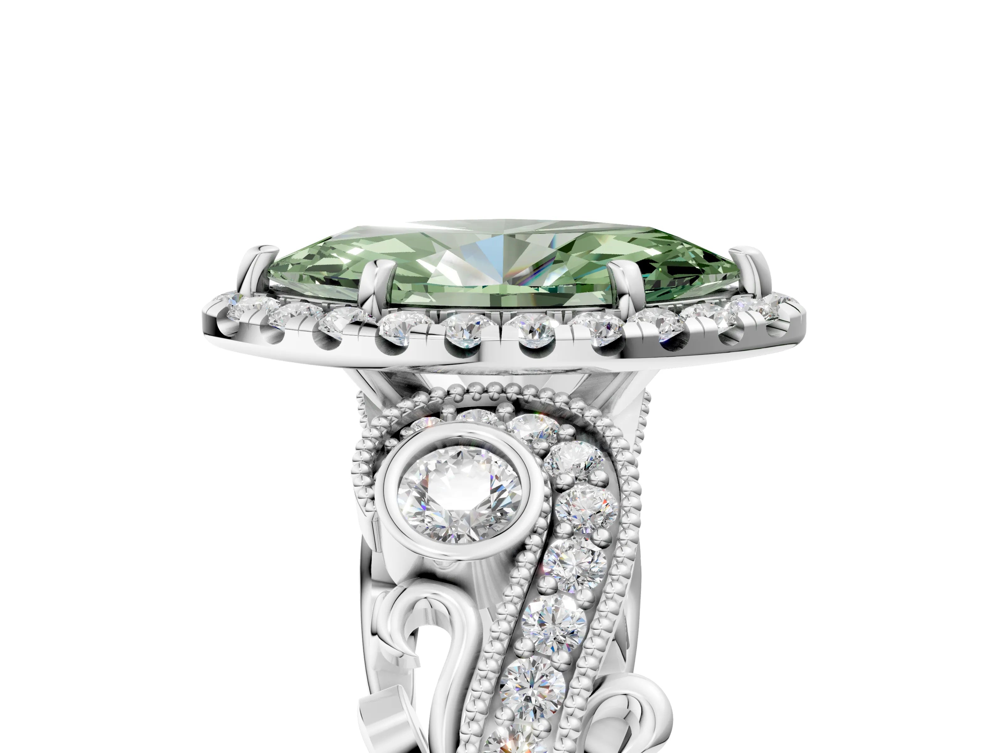 White gold Fancy Green Marquise Cut Halo Diamond Ring with Milgrain and Bezel Accents on a Split Shank Band_5