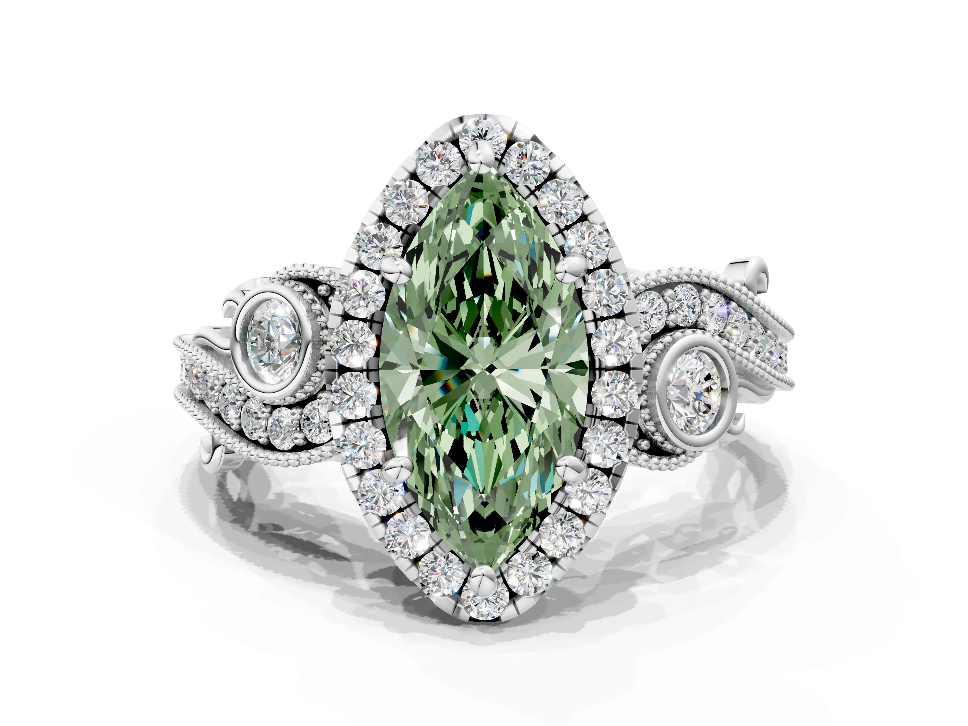 White gold Fancy Green Marquise Cut Halo Diamond Ring with Milgrain and Bezel Accents on a Split Shank Band