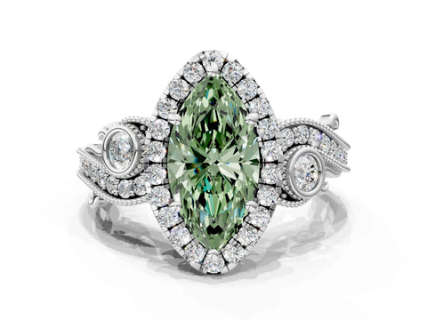 White gold Fancy Green Marquise Cut Halo Diamond Ring with Milgrain and Bezel Accents on a Split Shank Band