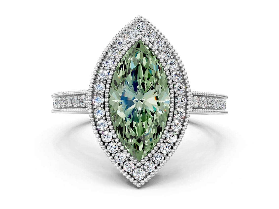 White gold Fancy Green Marquise  Cut Halo Diamond Ring with Pavé Band and Milgrain Prong Setting_31