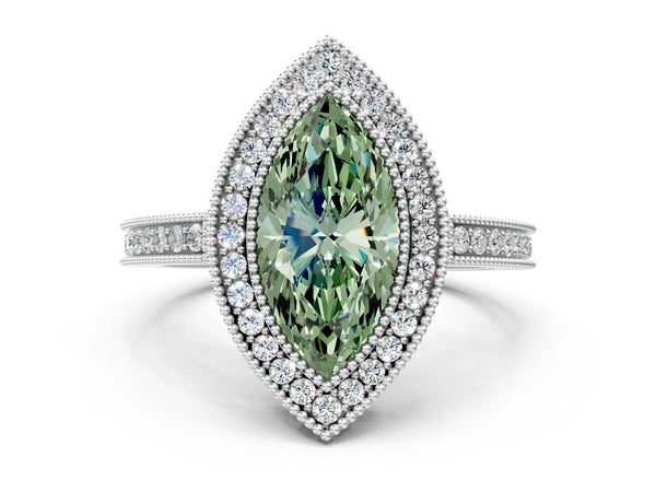 White gold Fancy Green Marquise  Cut Halo Diamond Ring with Pavé Band and Milgrain Prong Setting
