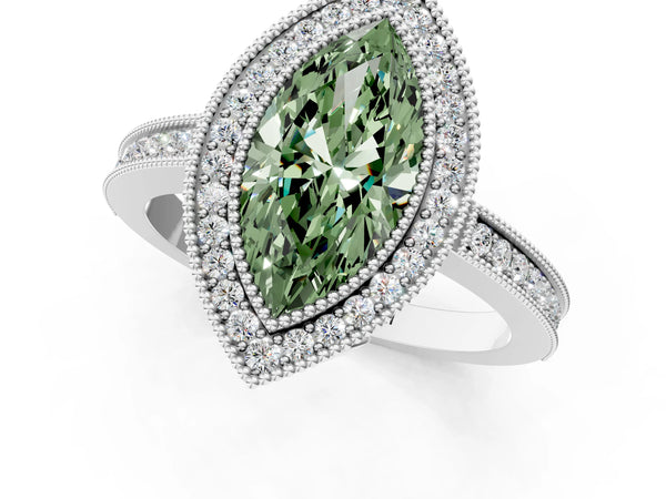 White gold Fancy Green Marquise  Cut Halo Diamond Ring with Pavé Band and Milgrain Prong Setting