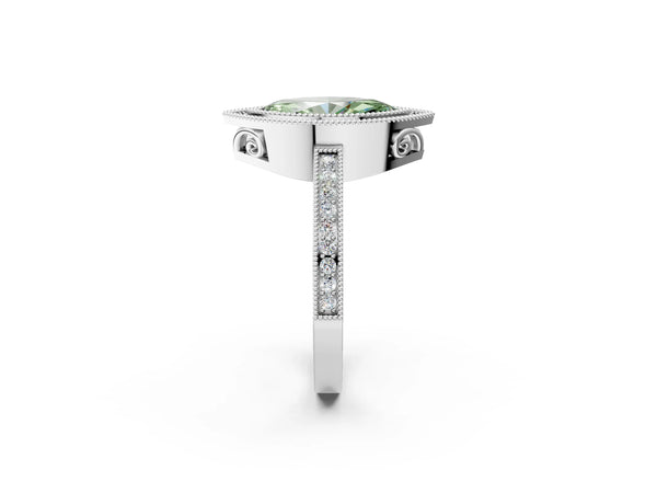 White gold Fancy Green Marquise  Cut Halo Diamond Ring with Pavé Band and Milgrain Prong Setting