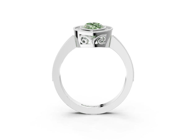White gold Fancy Green Marquise  Cut Halo Diamond Ring with Pavé Band and Milgrain Prong Setting