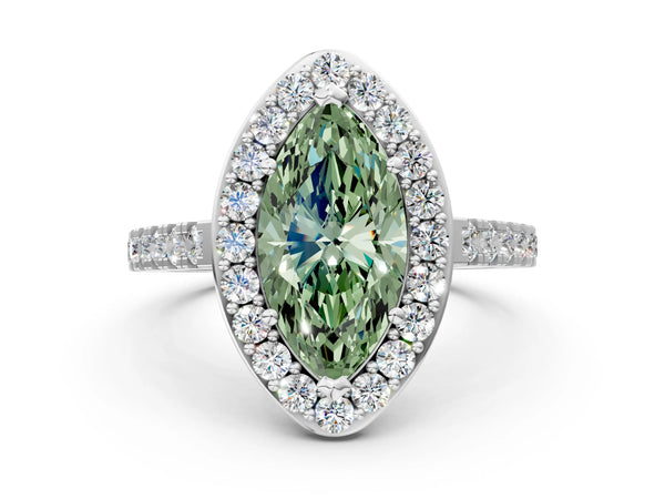 White gold Fancy Green Marquise Cut Halo Diamond Ring with Pavé Band and Three-Prong Setting