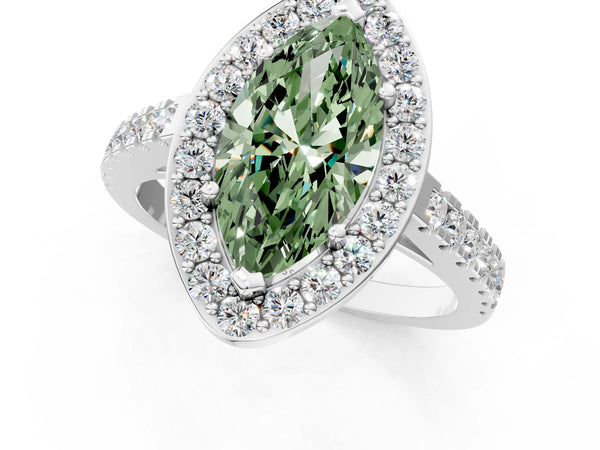 White gold Fancy Green Marquise Cut Halo Diamond Ring with Pavé Band and Three-Prong Setting