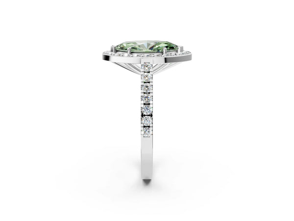 White gold Fancy Green Marquise Cut Halo Diamond Ring with Pavé Band and Three-Prong Setting