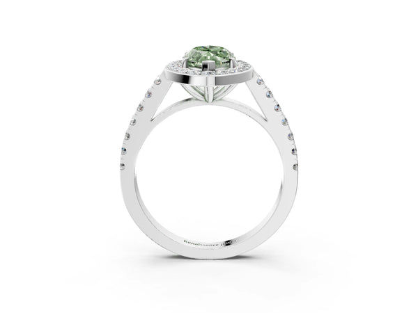 White gold Fancy Green Marquise Cut Halo Diamond Ring with Pavé Band and Three-Prong Setting