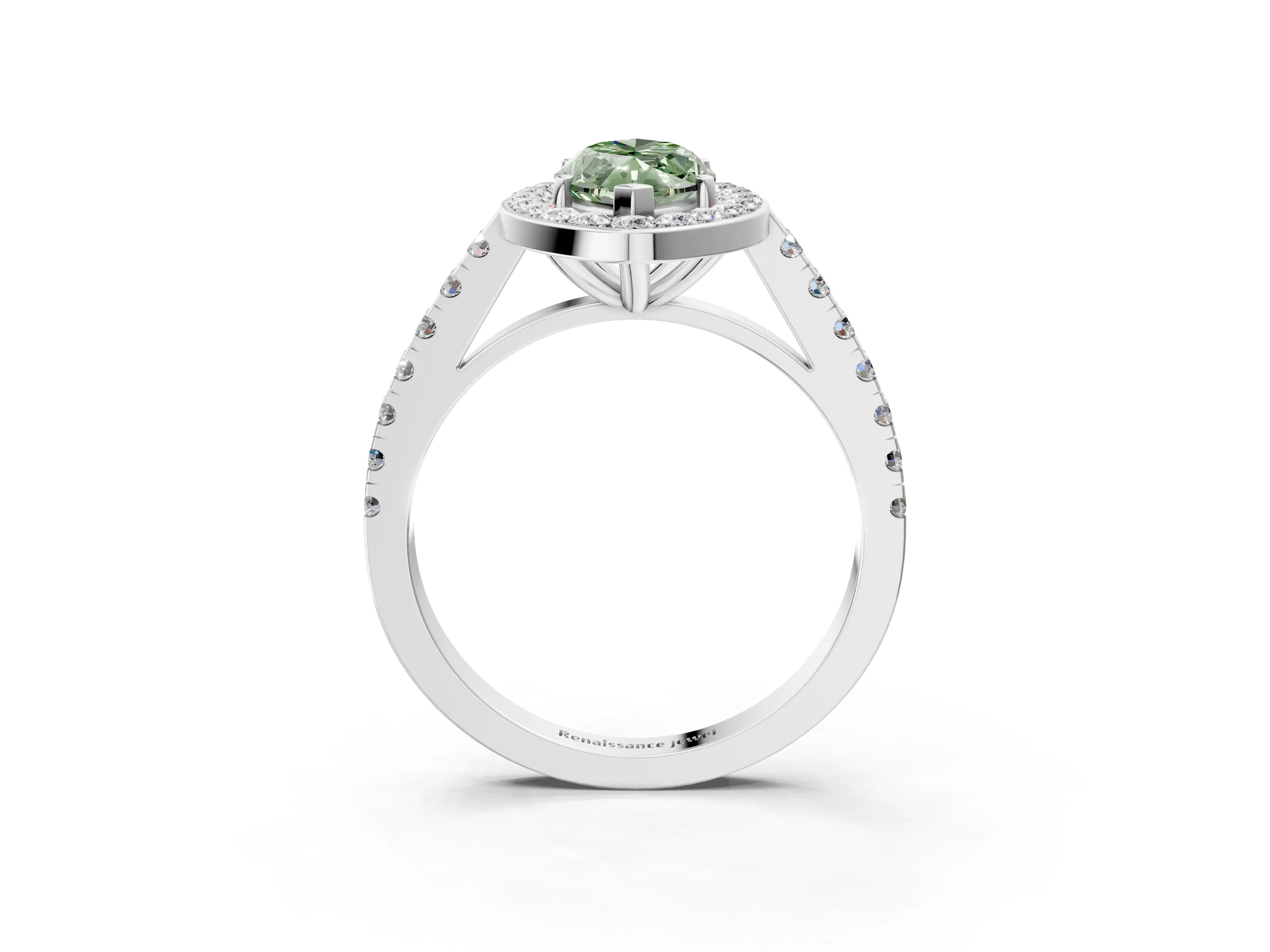 White gold Fancy Green Marquise Cut Halo Diamond Ring with Pavé Band and Three-Prong Setting_3