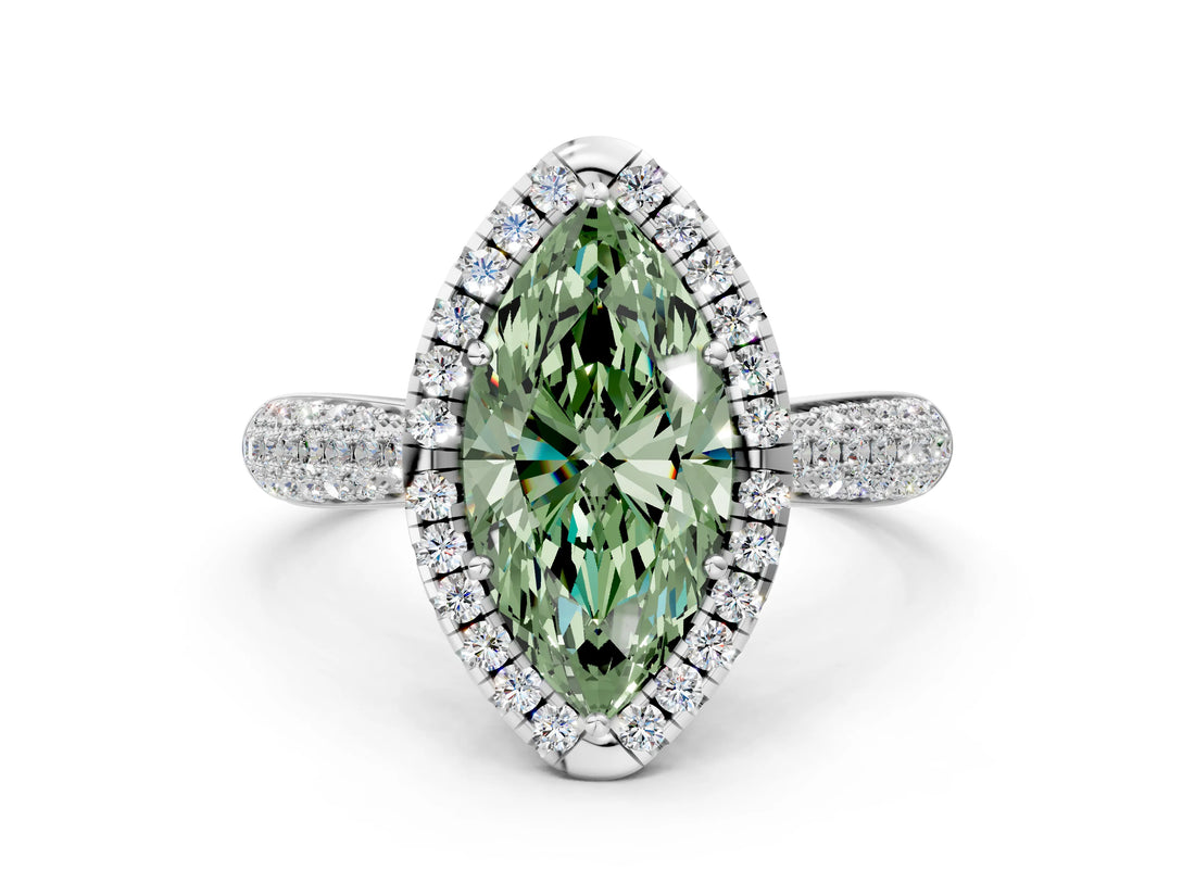 White gold Fancy Green Marquise Cut Halo Diamond Ring with Pavé Band_12