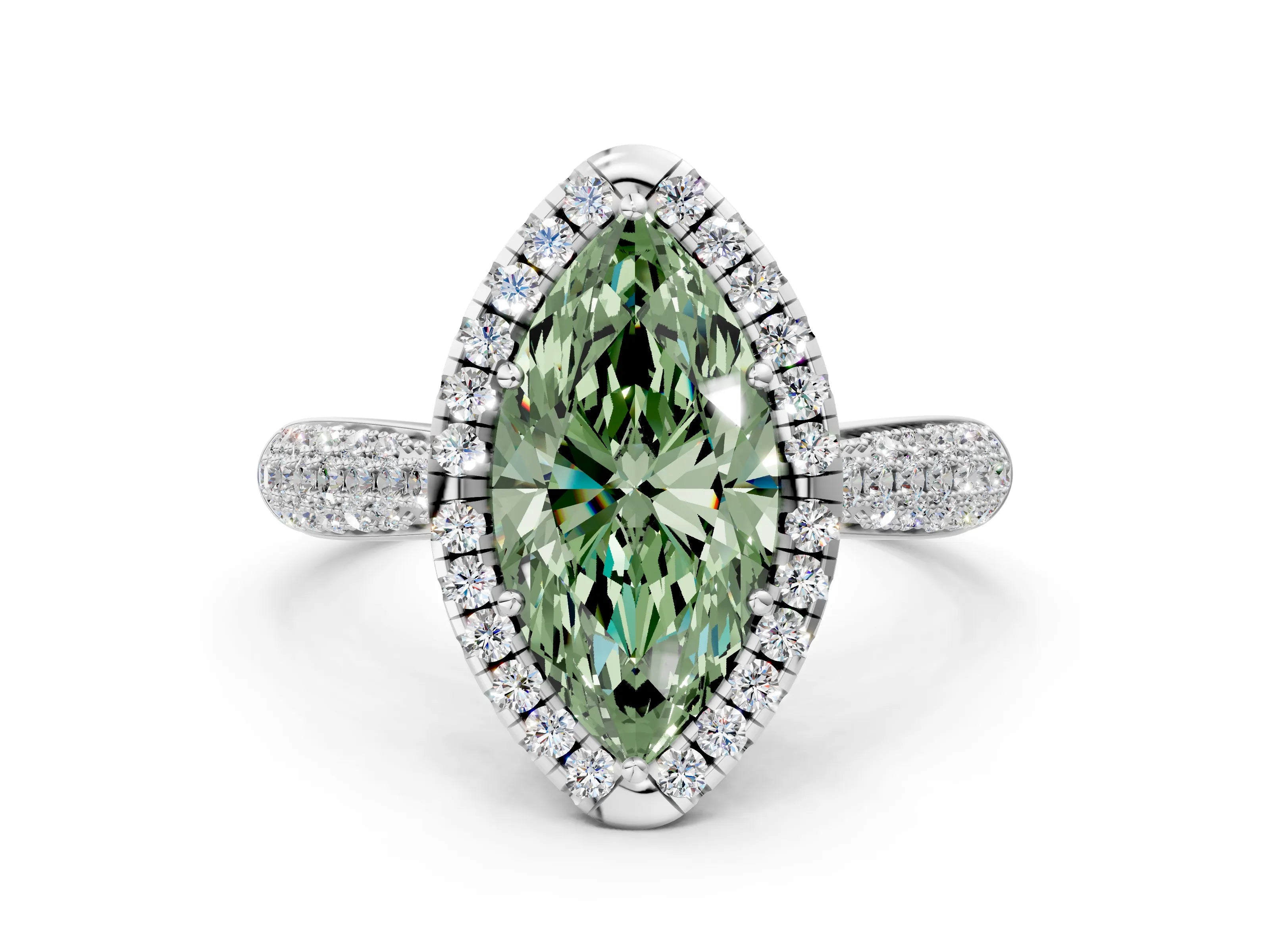 White gold Fancy Green Marquise Cut Halo Diamond Ring with Pavé Band_12