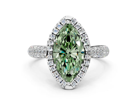 White gold Fancy Green Marquise Cut Halo Diamond Ring with Pavé Band_12