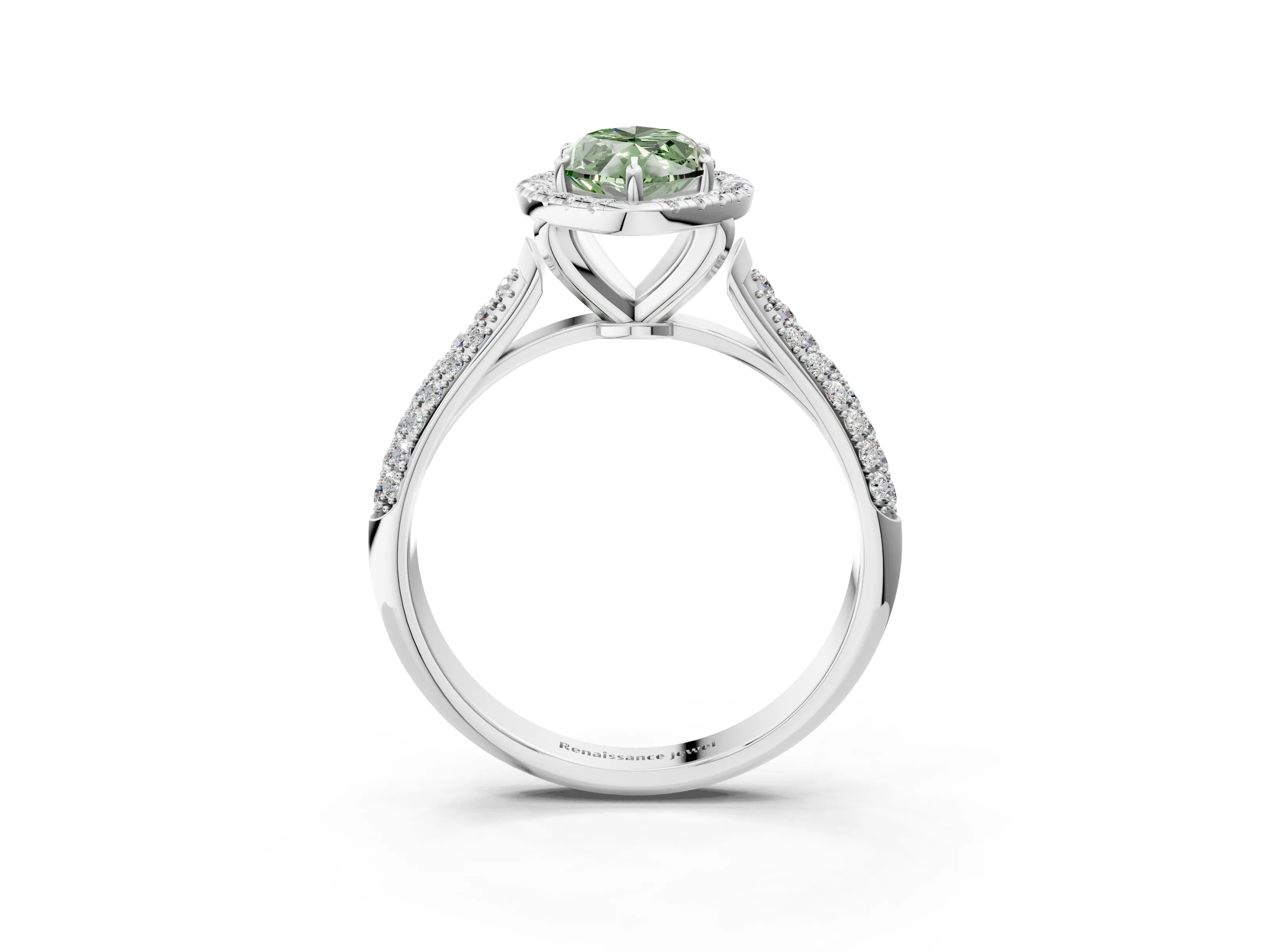 White gold Fancy Green Marquise Cut Halo Diamond Ring with Pavé Band_15