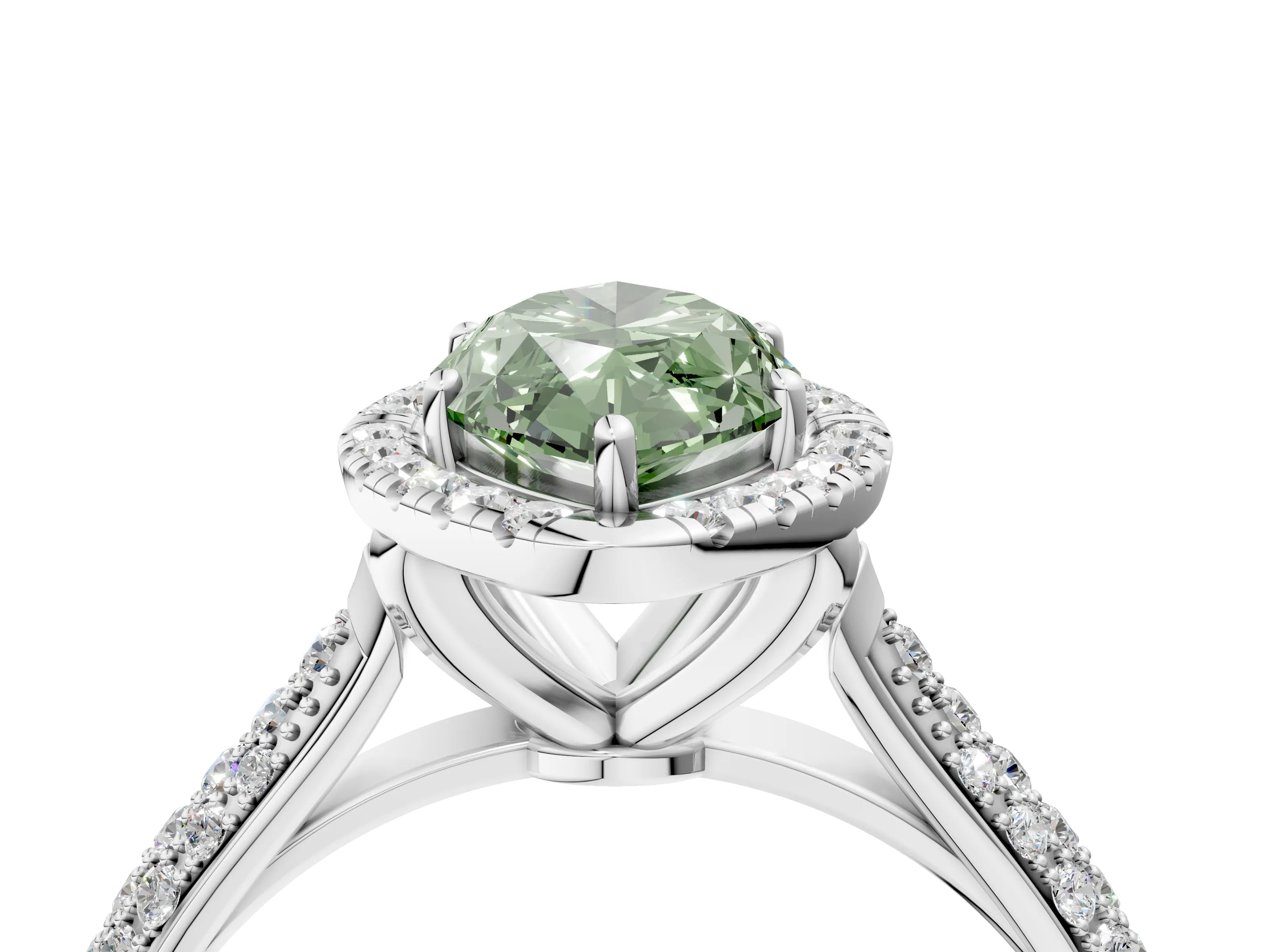White gold Fancy Green Marquise Cut Halo Diamond Ring with Pavé Band_16