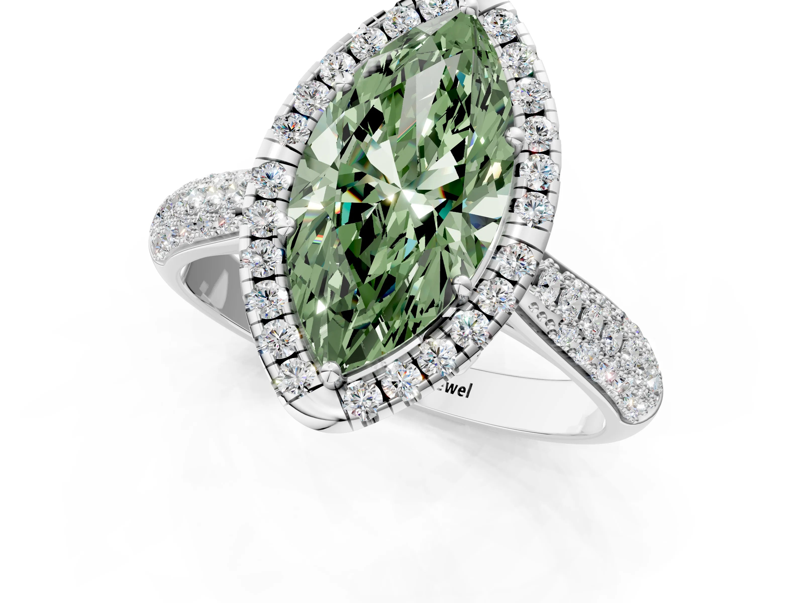 White gold Fancy Green Marquise Cut Halo Diamond Ring with Pavé Band_1