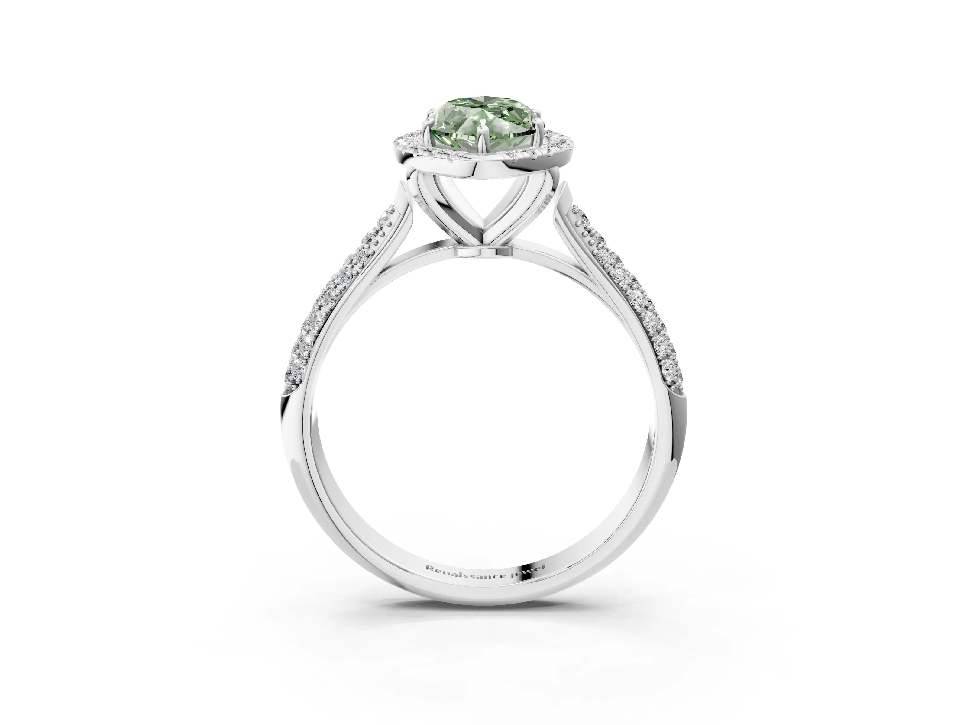 White gold Fancy Green Marquise Cut Halo Diamond Ring with Pavé Band_3