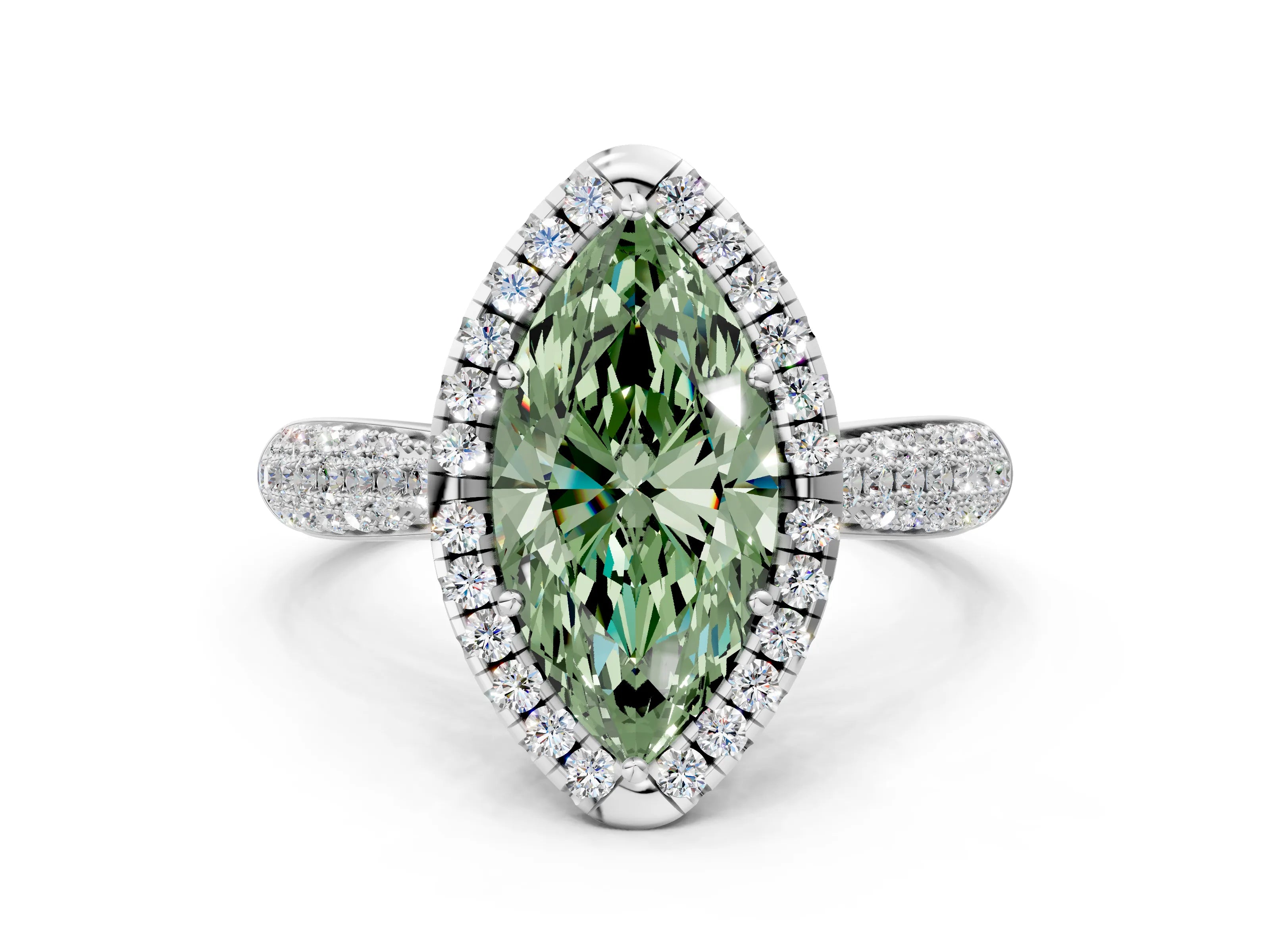 White gold Fancy Green Marquise Cut Halo Diamond Ring with Pavé Band