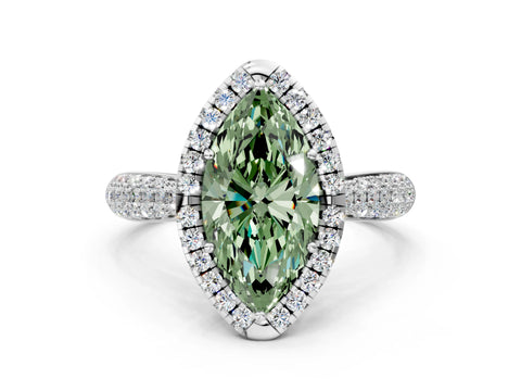 White gold Fancy Green Marquise Cut Halo Diamond Ring with Pavé Band