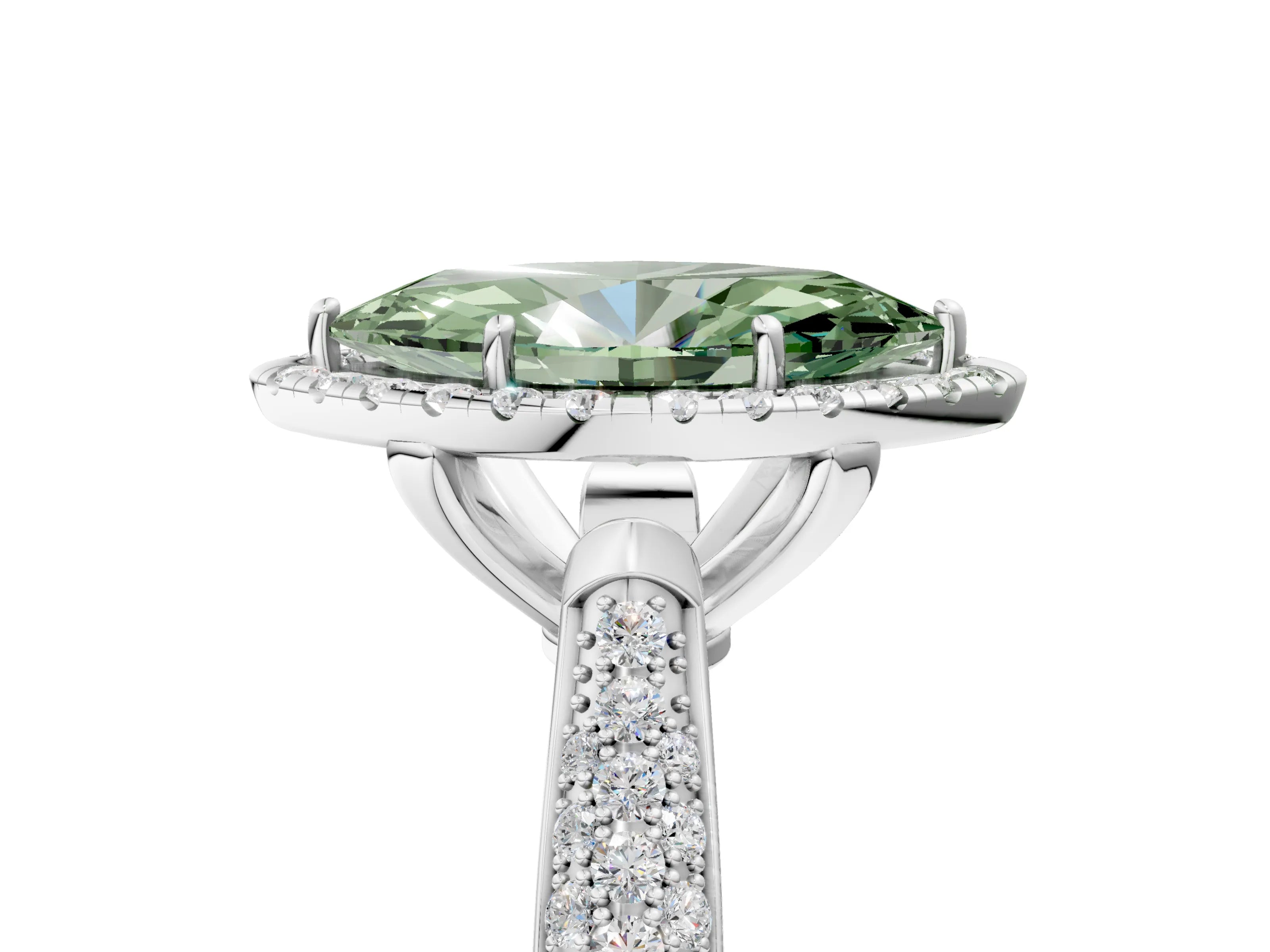 White gold Fancy Green Marquise Cut Halo Diamond Ring with Pavé Band_5