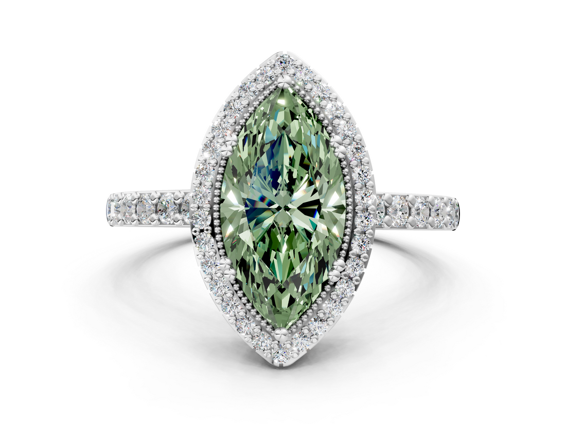 White gold Fancy Green Marquise  Cut Halo Diamond Ring with Pave Band and Four-Prong Setting_24