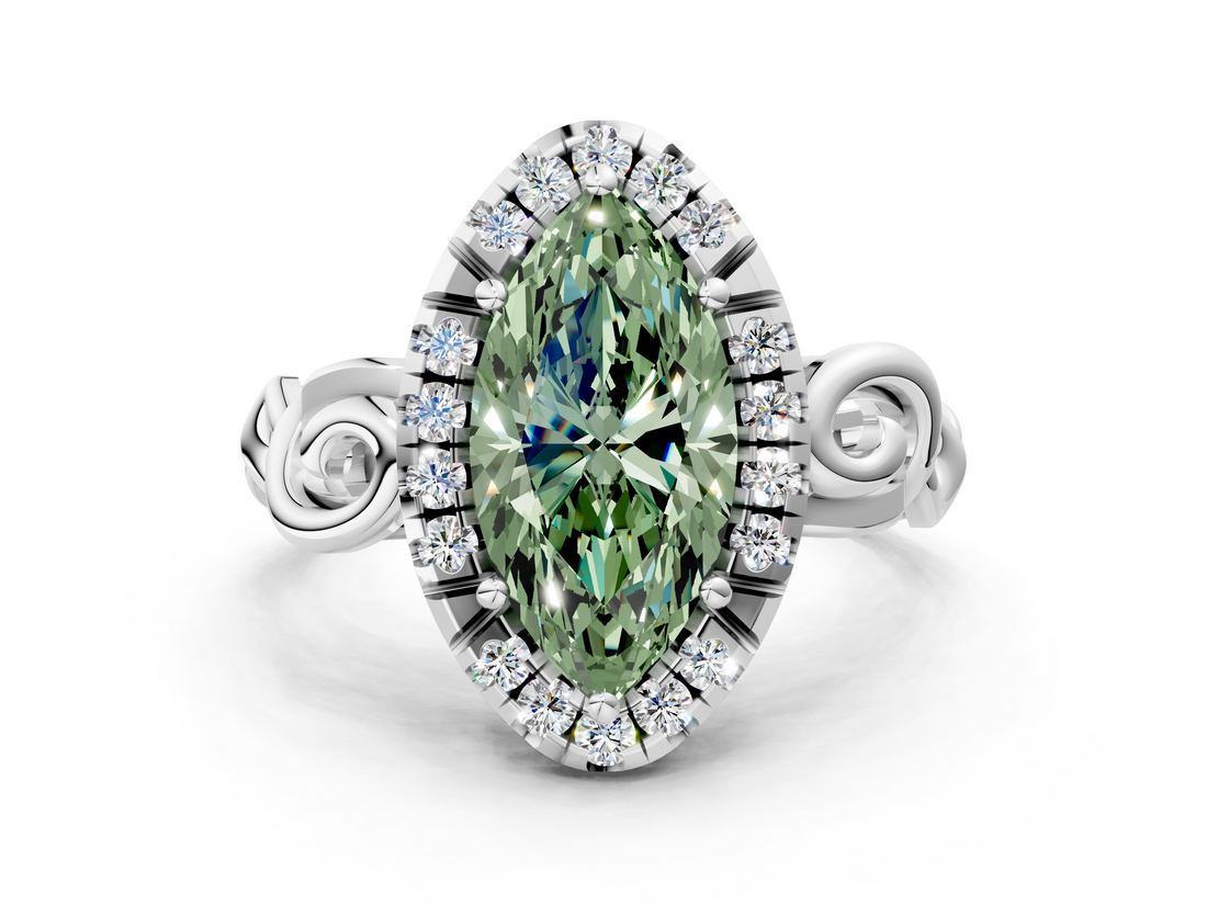 White gold Fancy Green Marquise  Cut Halo Diamond Ring with Scrollwork Band and Four-Prong Setting_64