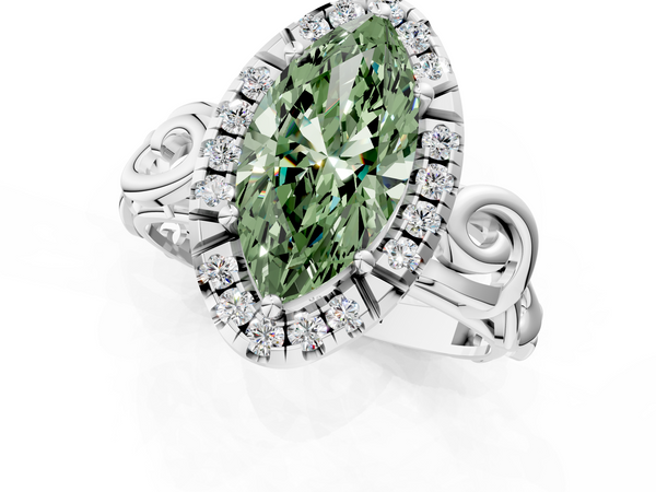 White gold Fancy Green Marquise  Cut Halo Diamond Ring with Scrollwork Band and Four-Prong Setting