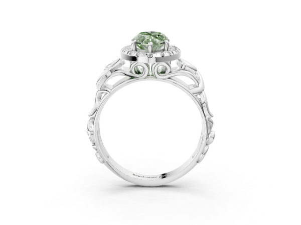 White gold Fancy Green Marquise  Cut Halo Diamond Ring with Scrollwork Band and Four-Prong Setting