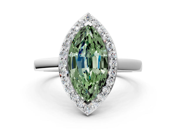 Platinum Fancy Green Marquise Cut Halo Diamond Ring with Solitaire Band and Prong Setting