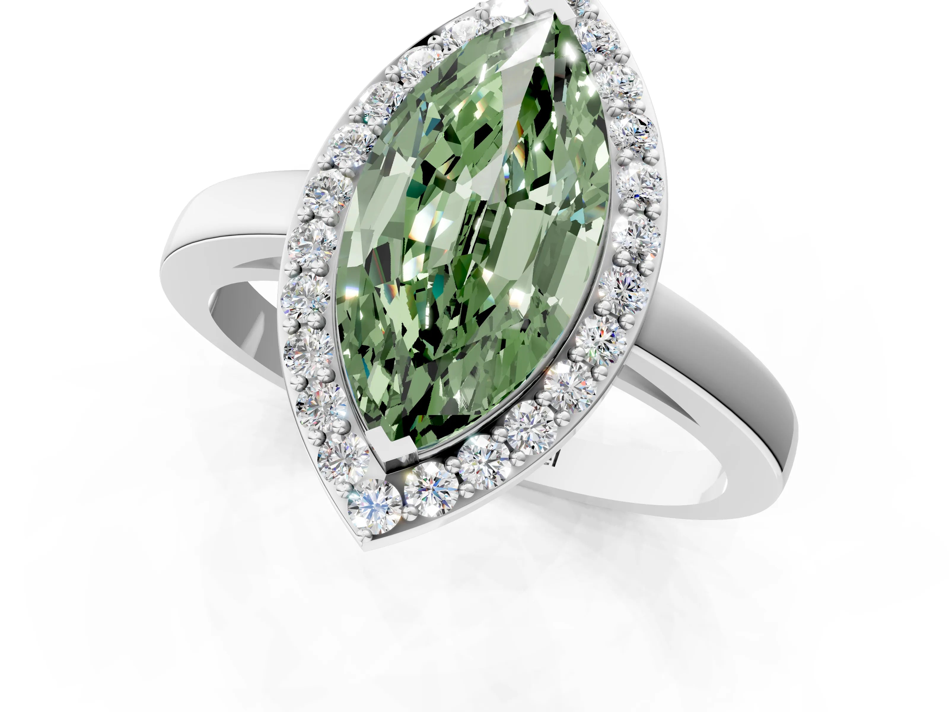 White gold Fancy Green Marquise Cut Halo Diamond Ring with Solitaire Band and Prong Setting_1