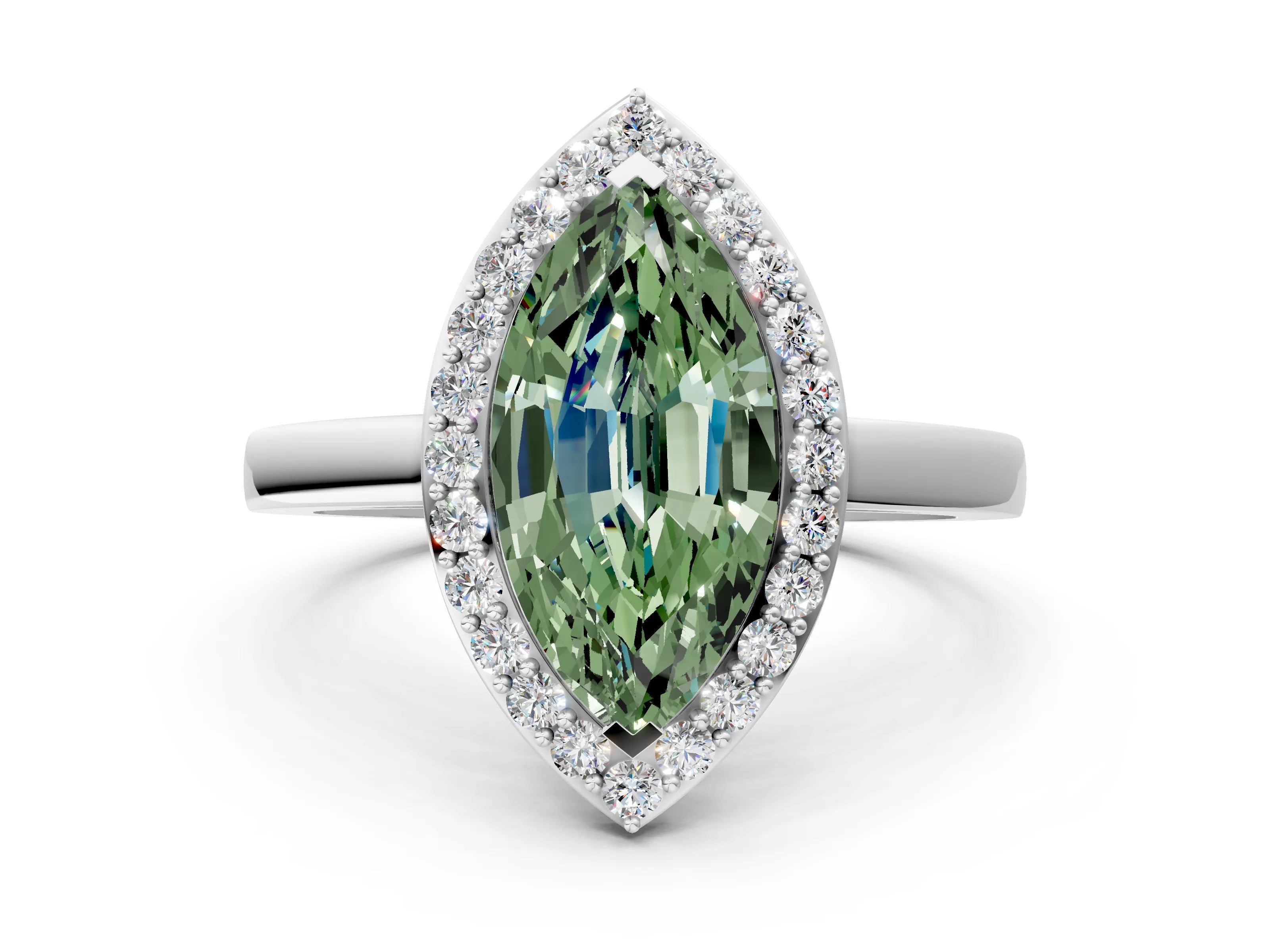 White gold Fancy Green Marquise Cut Halo Diamond Ring with Solitaire Band and Prong Setting
