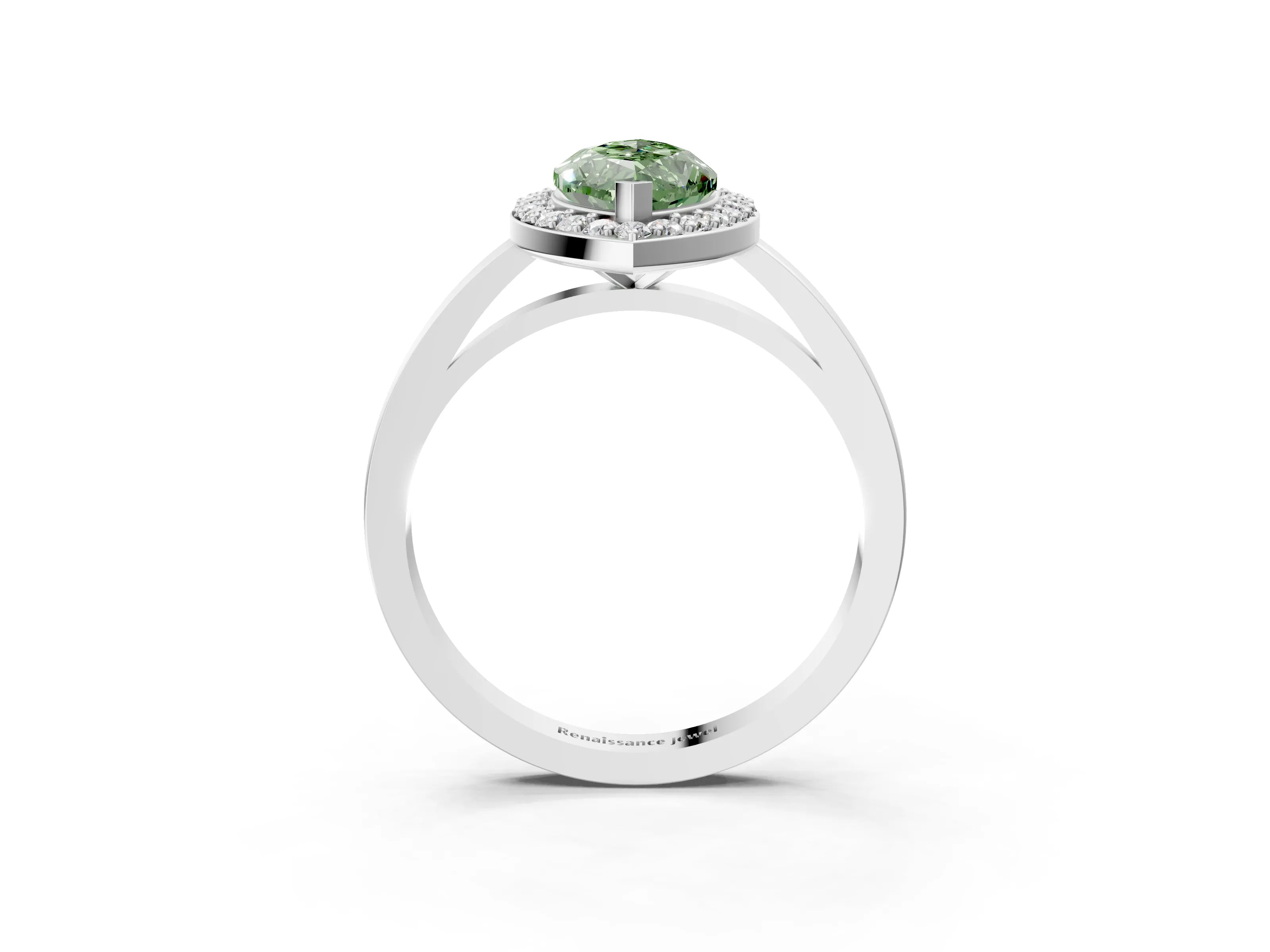 White gold Fancy Green Marquise Cut Halo Diamond Ring with Solitaire Band and Prong Setting_3