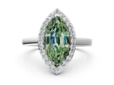 White gold Fancy Green Marquise Cut Halo Diamond Ring with Solitaire Band and Prong Setting