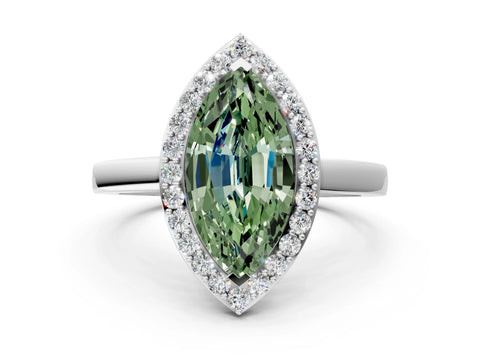 White gold Fancy Green Marquise Cut Halo Diamond Ring with Solitaire Band and Prong Setting