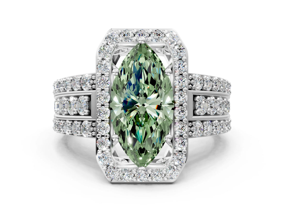 White gold Fancy Green Marquise Cut Halo Diamond Ring with Split Shank and Four-Prong Setting_133